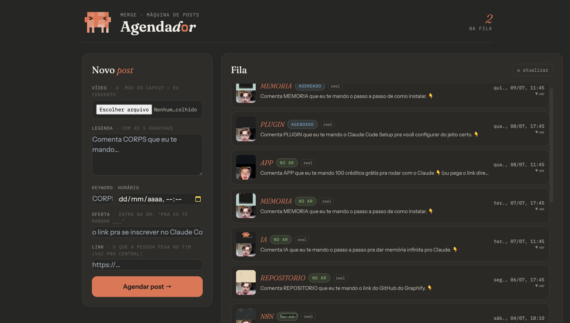 Agendador de posts rodando — fila real